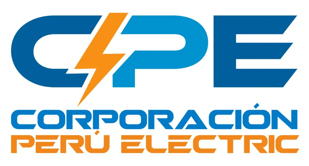 Logotipo de CPE Corporación Perú Eléctric con rayo naranja sobre fondo blanco