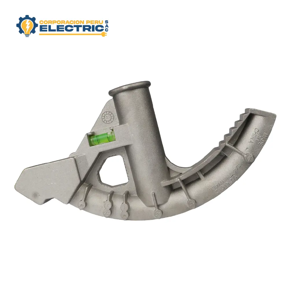 Dobladora manual de tubo conduit de metal gris con nivel de burbuja y escala graduada