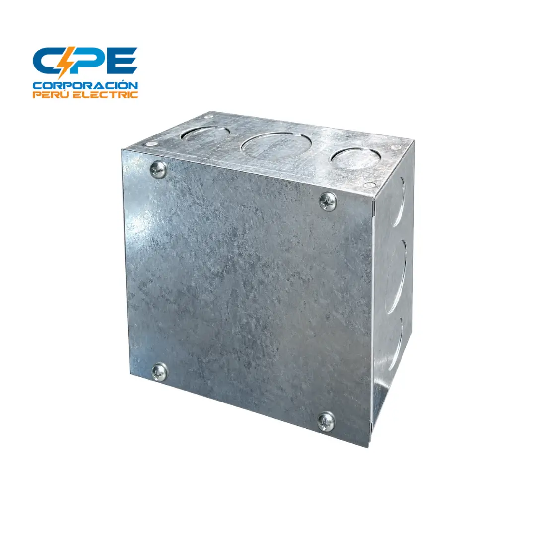 Caja de conexiones eléctrica metálica rectangular con tapa atornillada y orificios troquelados