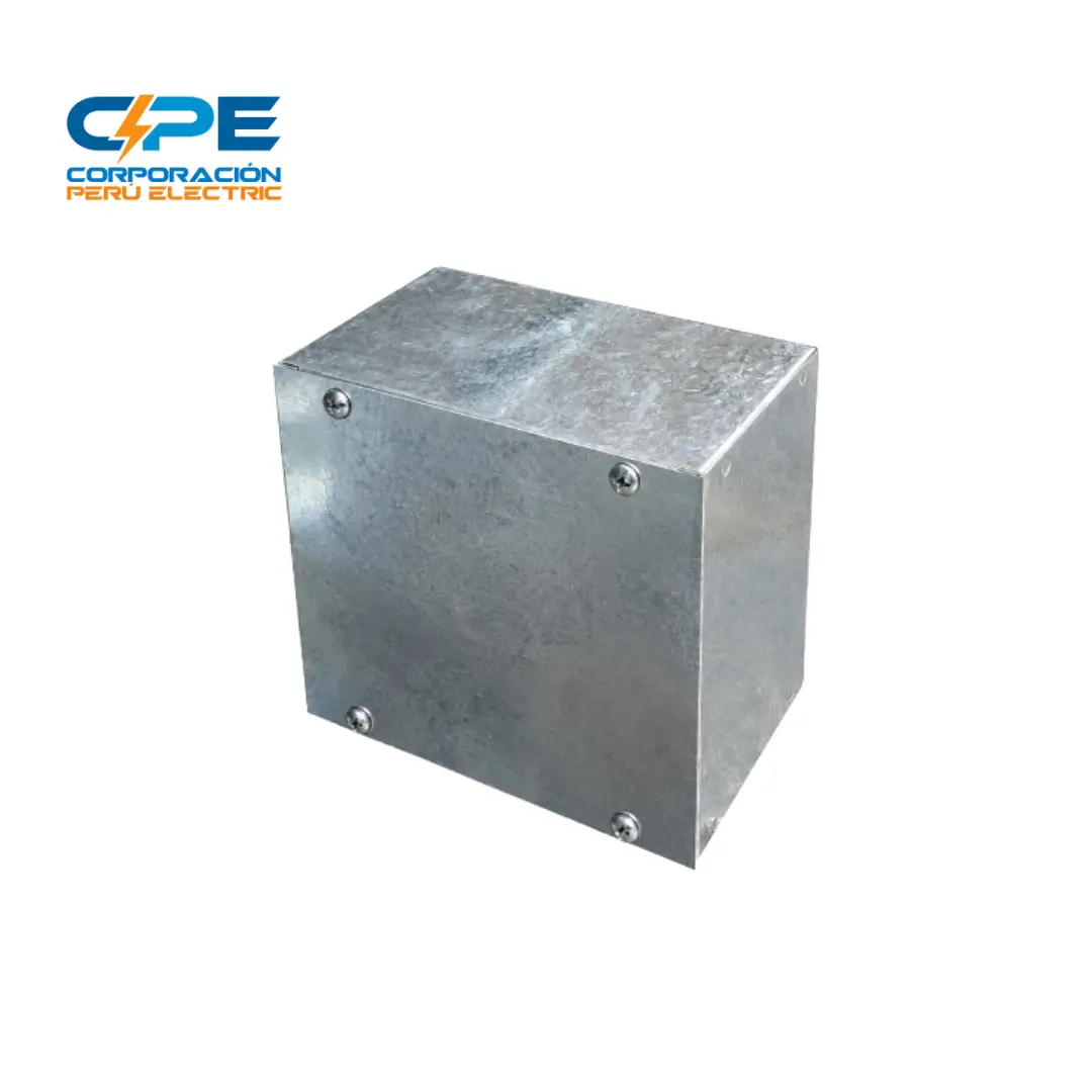 Caja eléctrica metálica rectangular con tapa fijada por cuatro tornillos en las esquinas